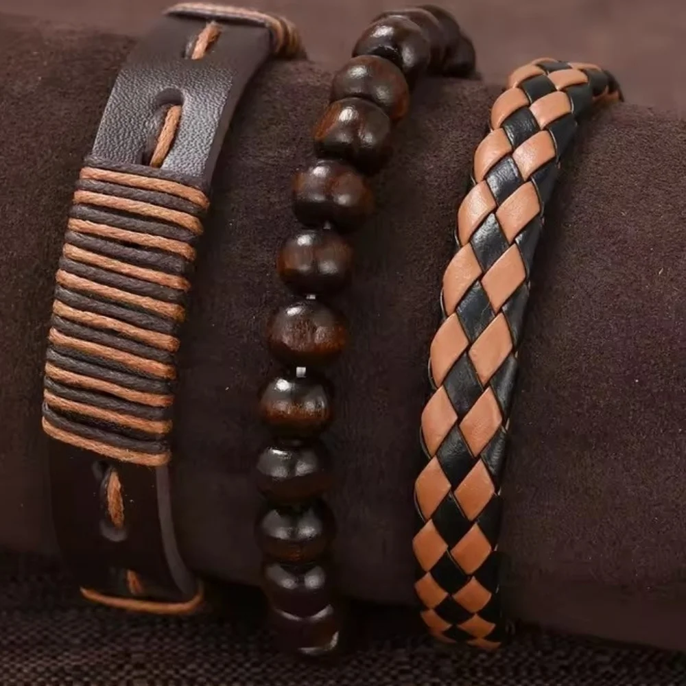 Men's‎ Watch Bracelets Set Leather Braided Layered Brown New f96